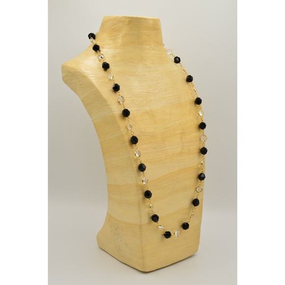 Austrian Crystal USA Vintage Necklace Open Bezel Clear Black Gold Signed 80s 9J - Picture 6 of 12